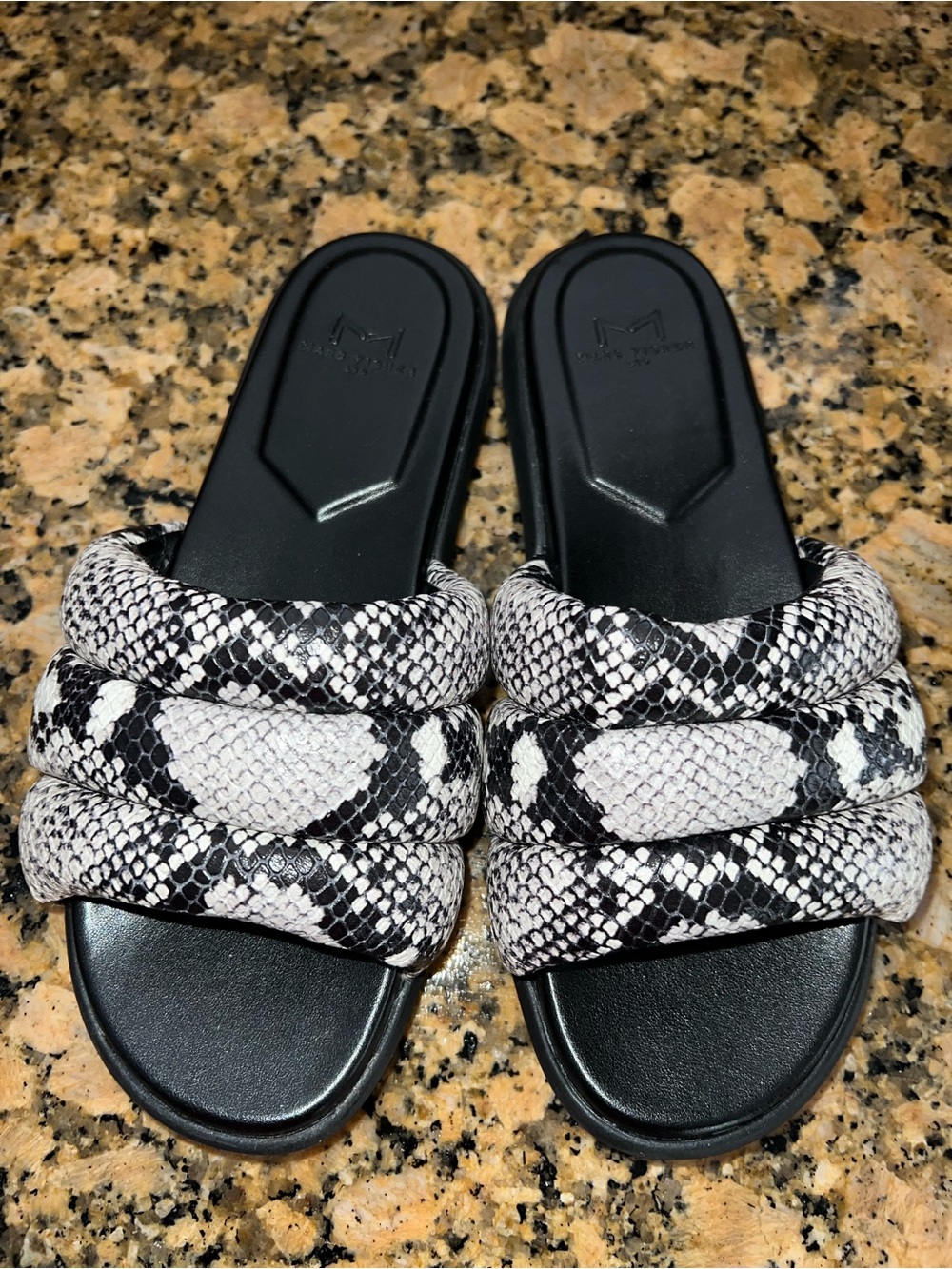 Marc Fisher Snake Print Quilted Slide Sandals - Black & White
